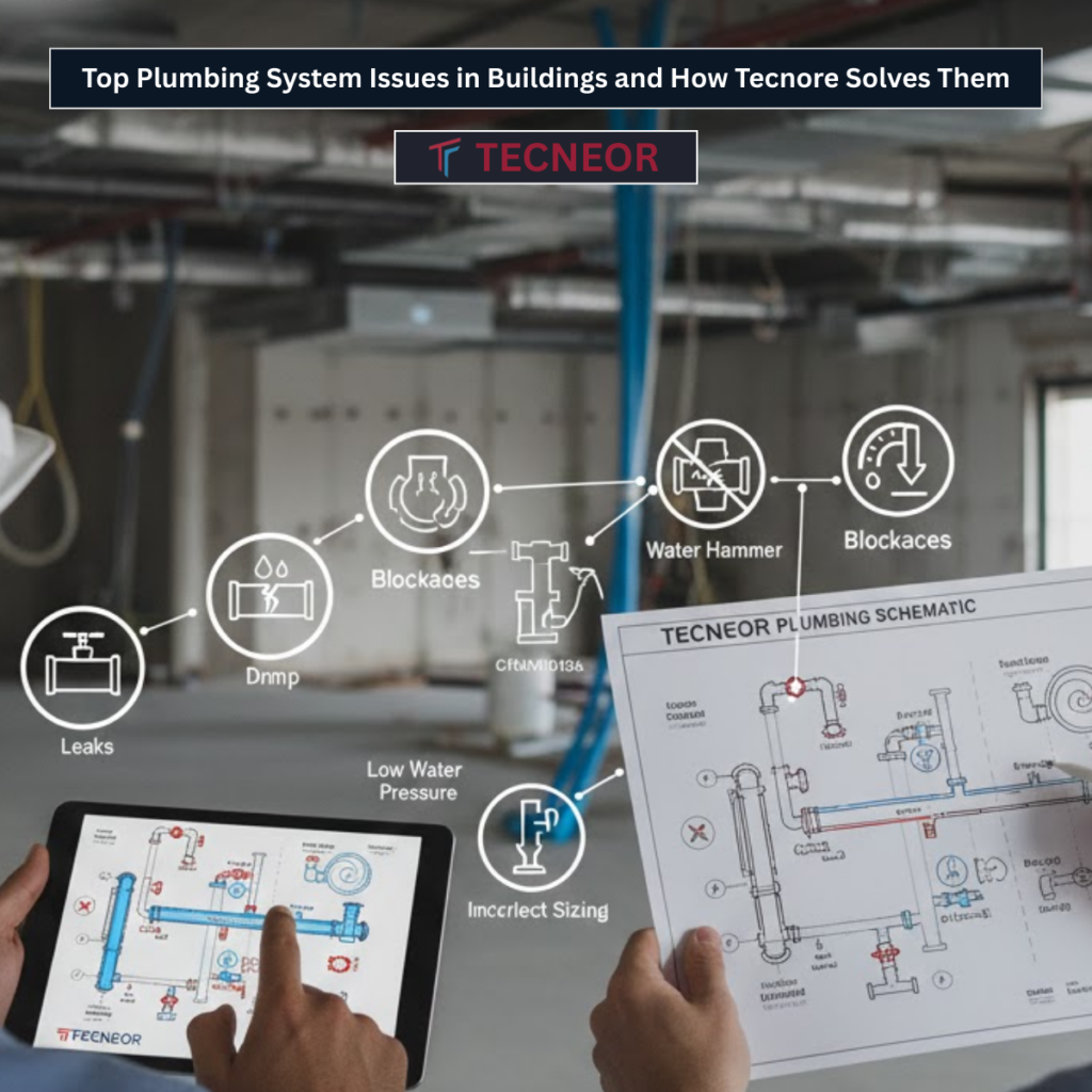 Image containing plumbing chematic drawing for Tecneor explaining the plumbing system issues in buildings